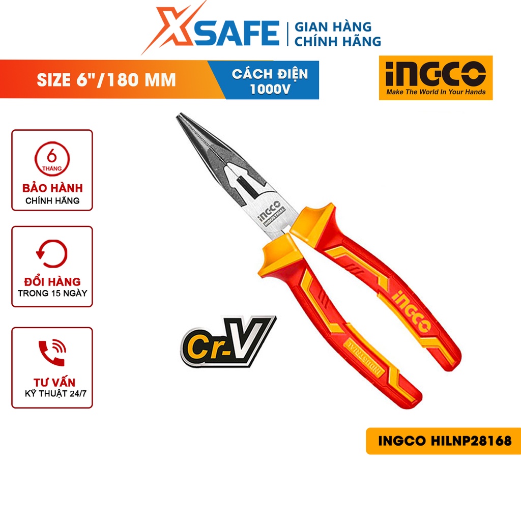 Kềm mũi nhọn cách điện INGCO HILNP28168 kích thước 6&quot;/180mm, đầu kềm được mạ đen và đánh bóng