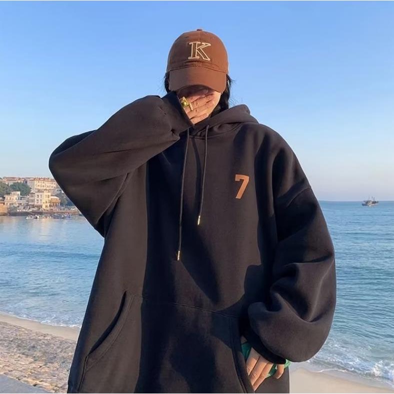 Áo Khoác Hoodie Cotton Dày Dáng Rộng In Số 7 Thời Trang Cho Nam