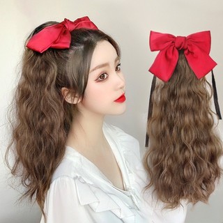 tóc giả nữ cột xù nơ đỏ, tóc xoăn sóng