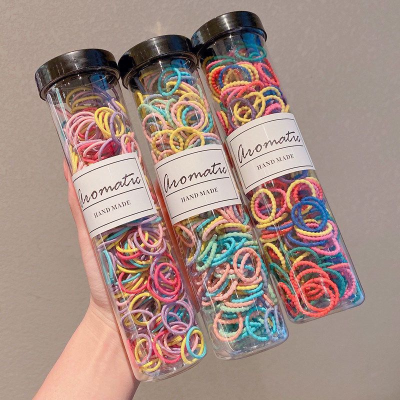 Hộp 300 chun nịt buộc tóc cho bé gái, thun cột tóc màu sắc cầu vồng dễ thương phong cách cute Hàn Quốc