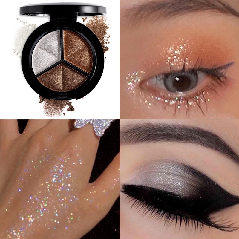 Bảng Phấn Mắt 3 Màu Sắc Hiệu Ứng Lì/ Ánh Ngọc Trai Lấp Lánh Kèm Cọ Tiện Dụng