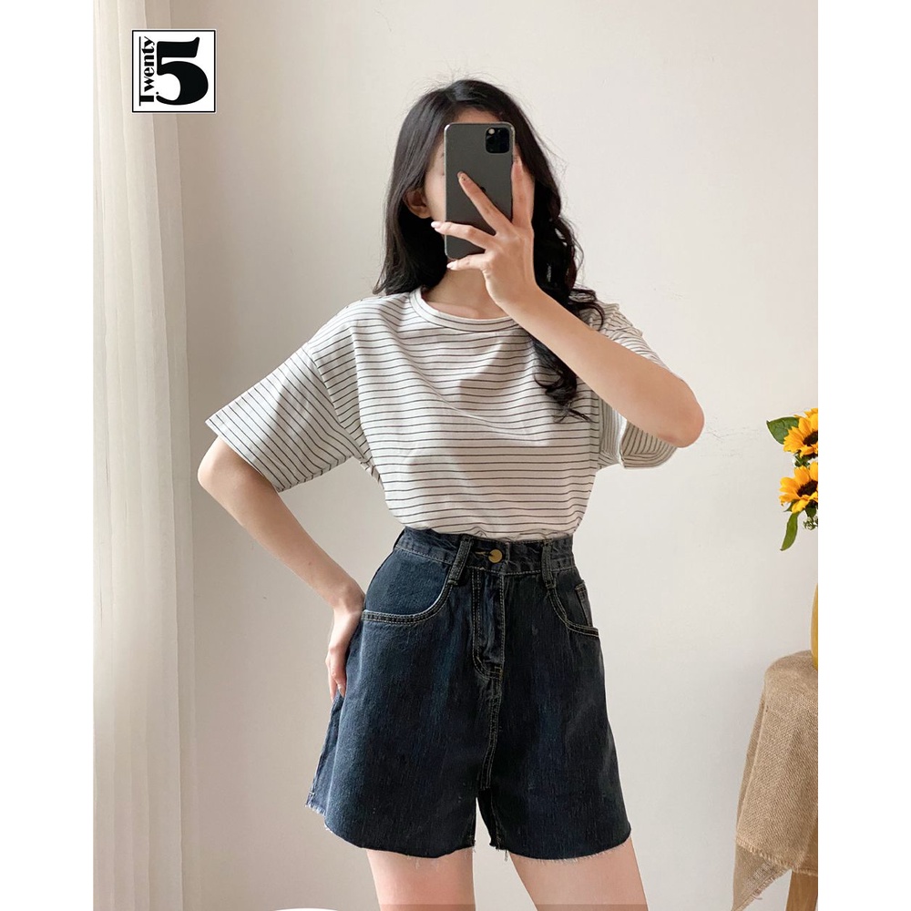 Áo thun nữ kẻ ngang dáng rộng tay lửng chất cotton dày mịn Twentyfive N47