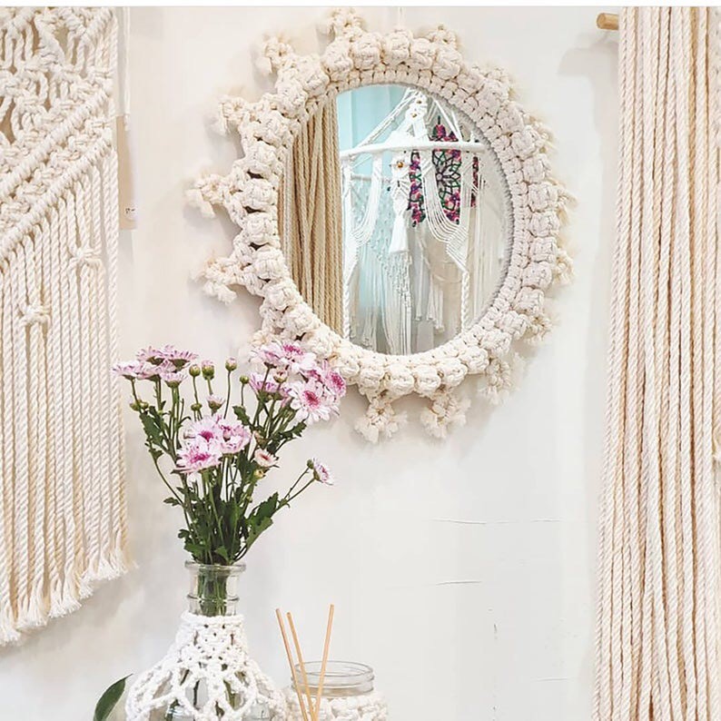 Gương lớn treo tường decor gương đan vòng hoa gương macrame gương trang trí cỡ lớn đồ treo trang trí nhà cửa