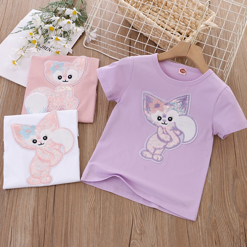 Áo Thun Tay Ngắn Cổ Tròn Vải Cotton Thoáng Khí In Hoạt Hình Đính Kim Sa Lấp Lánh Dễ Thương Cho Bé Gái