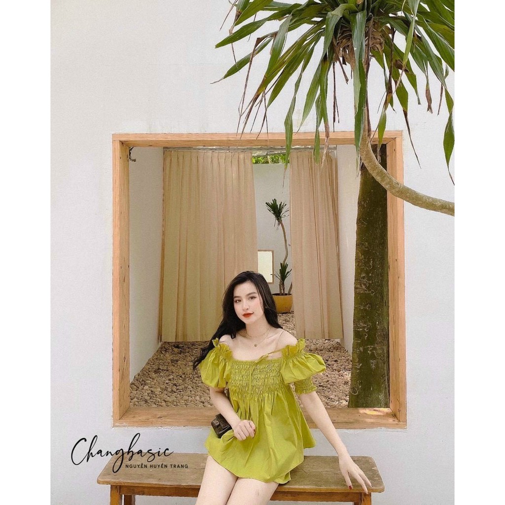 Set Bộ Xanh Cốm Tay Bồng Kiểu Dáng Babydoll Chun Ngực Cổ Vuông Siêu Xinh - Shop3nunisex