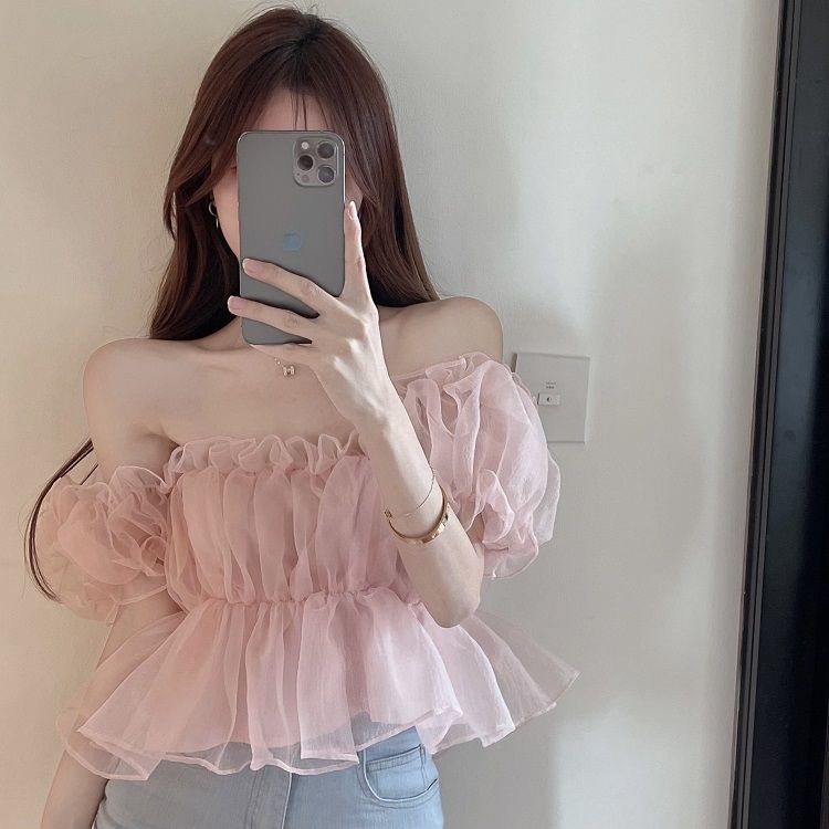 Jiashucheng Áo Chiffon Cổ Vuông Tay Phồng Thời Trang Pháp Cho Nữ