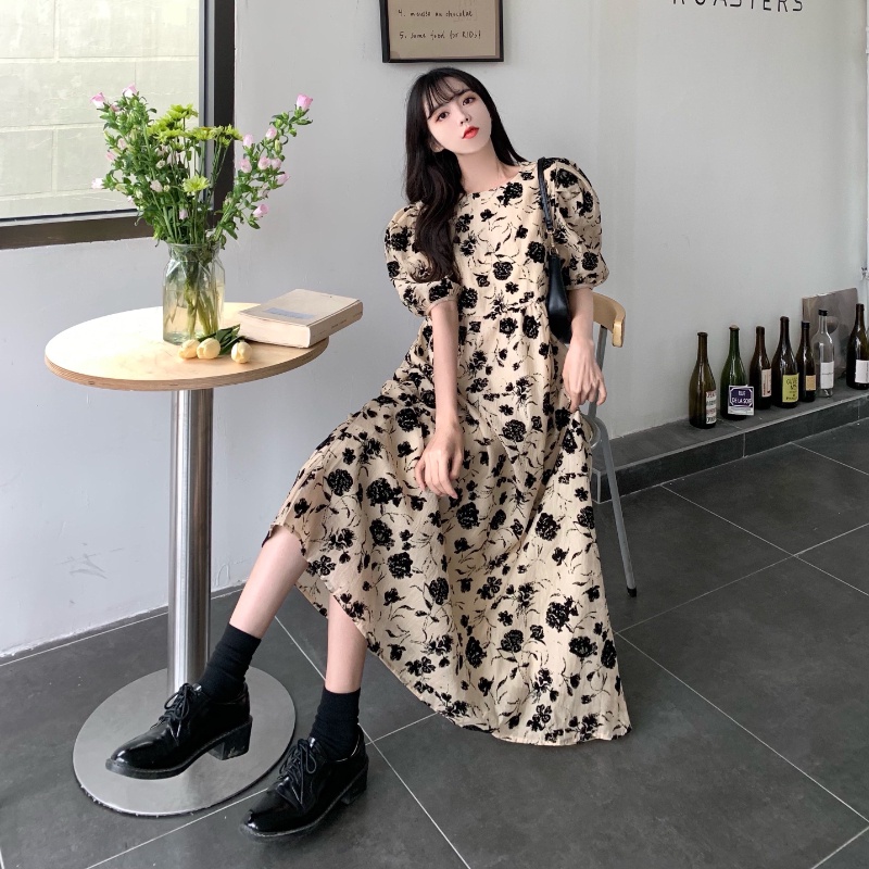 Đầm PERTY cổ tròn tay ngắn phồng họa tiết hoa thời trang mùa hè xinh xắn dành cho nữ