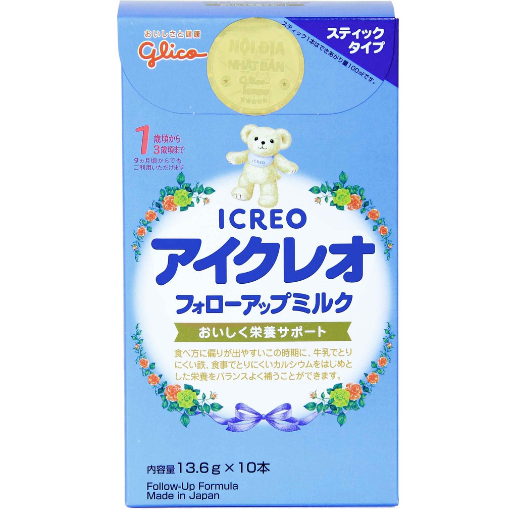 Sữa Glico Icreo Follow Up Milk (Icreo Số 1) Dinh Dưỡng Cho Bé Từ 9-36 Tháng  - Hộp 10 x 13,6g/Thanh Tiện Dụng