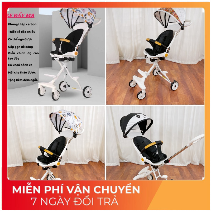 Xe đẩy NGẢ SÂU 360 ĐỘ - 2 chiều gấp gọn cho bé nằm, ngồi tặng kèm đệm M8 CAO CẤP CHO BÉ
