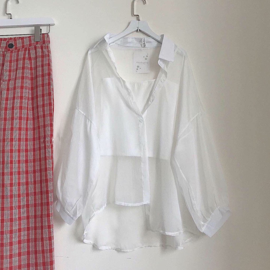 Áo Sơ Mi Nữ Form Rộng Sơ Mi Lưới Tay Dài Trơn Basic Khoác Ngoài Cá Tính Ulzzang DING Màu Đen Màu Trắng 1251