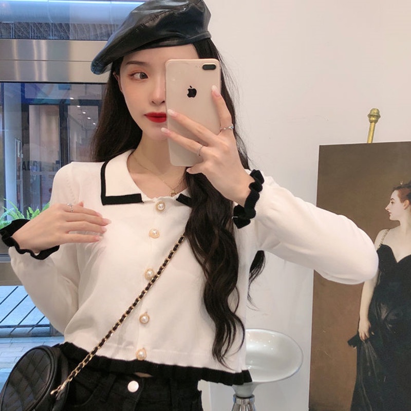 Áo Dệt Kim Tay Dài Cổ Búp Bê Xinh Xắn Thời Trang Cho Nữ