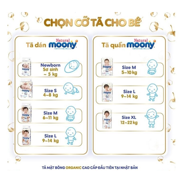 Bỉm quần Moony Natural nội địa Nhật cao cấp cho bé M46/L36/Xl32