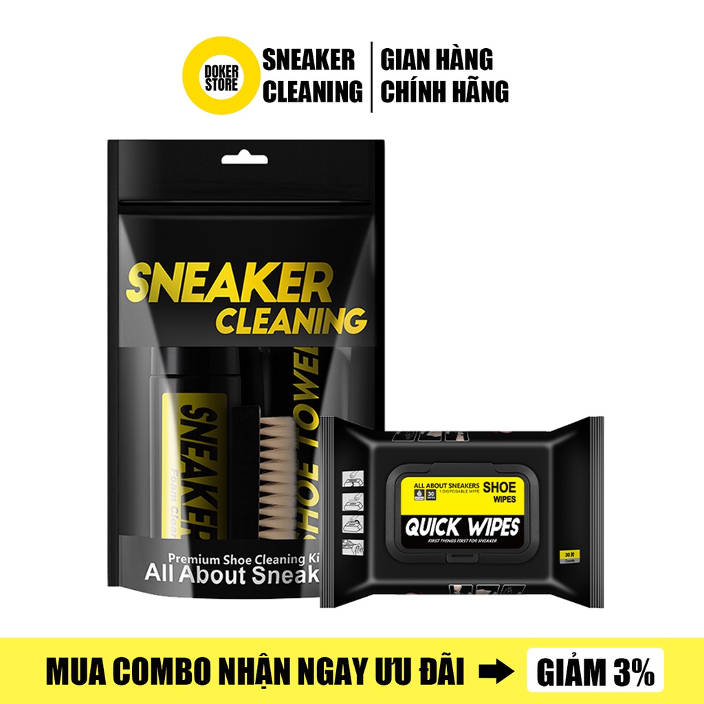 Combo Bộ kit vệ sinh giày Sneaker Cleaning 150ml và 30 khăn lau giày Quick Wipes