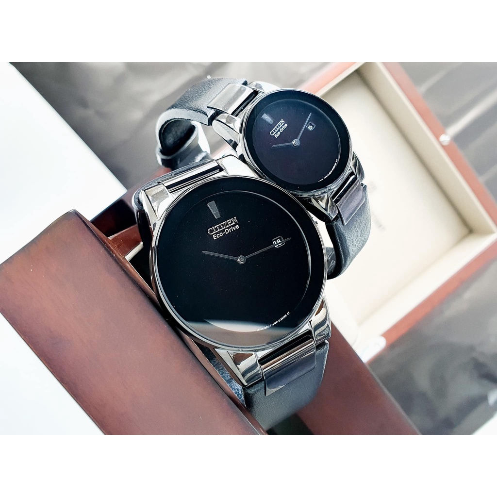 Đồng hồ đôi nam nữ dây da Citizen Eco Drive AU1065 07E và GA1055 06E