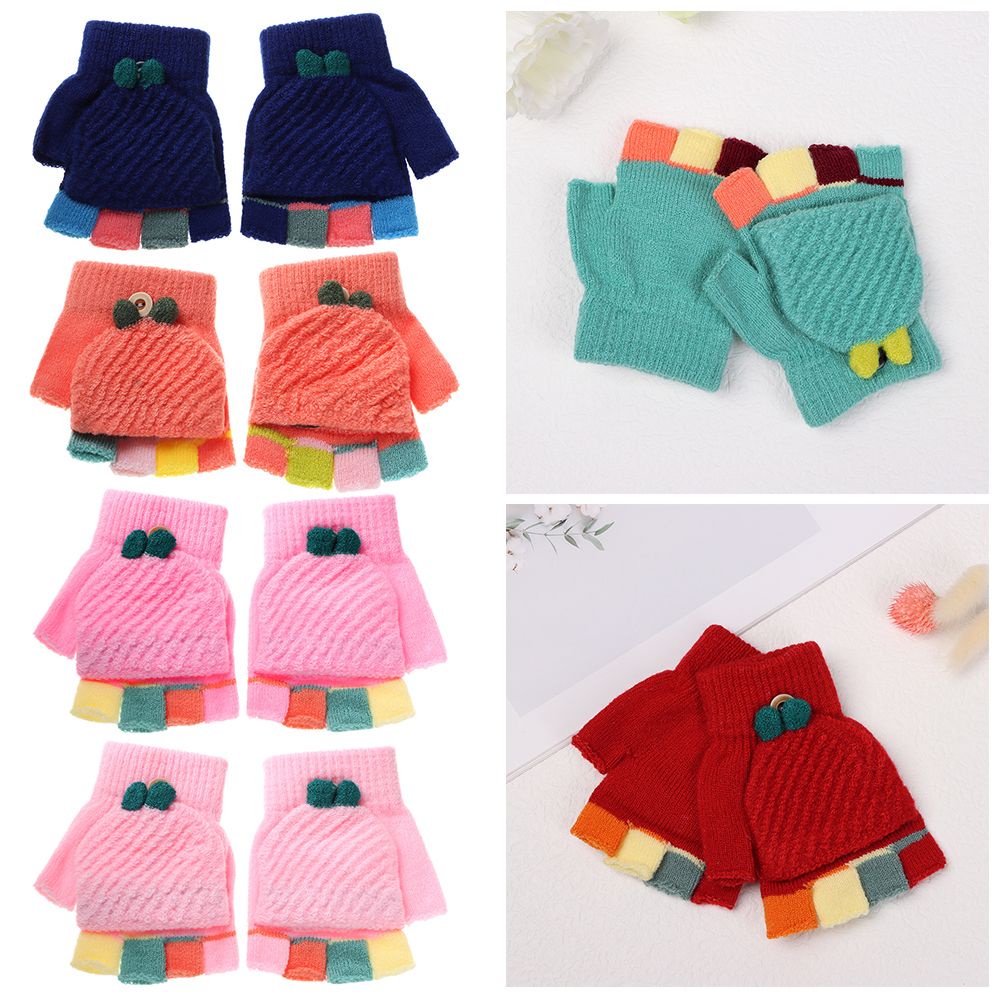 Găng Tay Dệt Kim Hở Ngón Dày Dặn Giữ Ấm Mùa Đông In Họa Tiết Hoạt Hình Nhiều Màu Dễ Thương Cho Bé