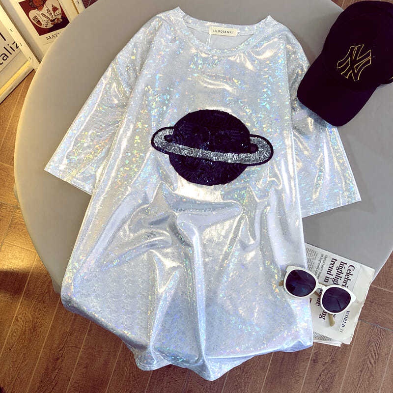 Áo Thun Tay Ngắn Thêu Hình Trái Đất Đính Kim Sa Thời Trang Mùa Hè Cho Nữ 2021