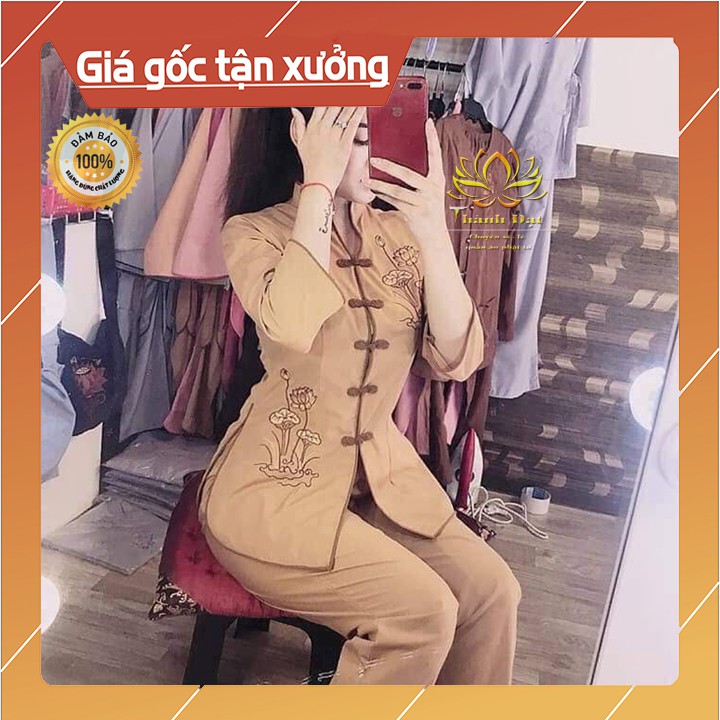 Bộ Quần Áo Đi Chùa Cổ Tàu Sữa Thêu Hoa Sen Chất Kate mềm mịn, thoáng mát, không bai, không xù - Hàng Đẹp