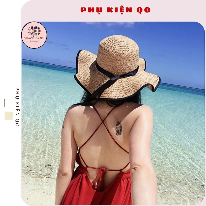 Mũ cói mềm, nón cói đi biển mẹ và bé vành rộng lượn sóng đai nơ phong cách vintage chống nắng – MC35