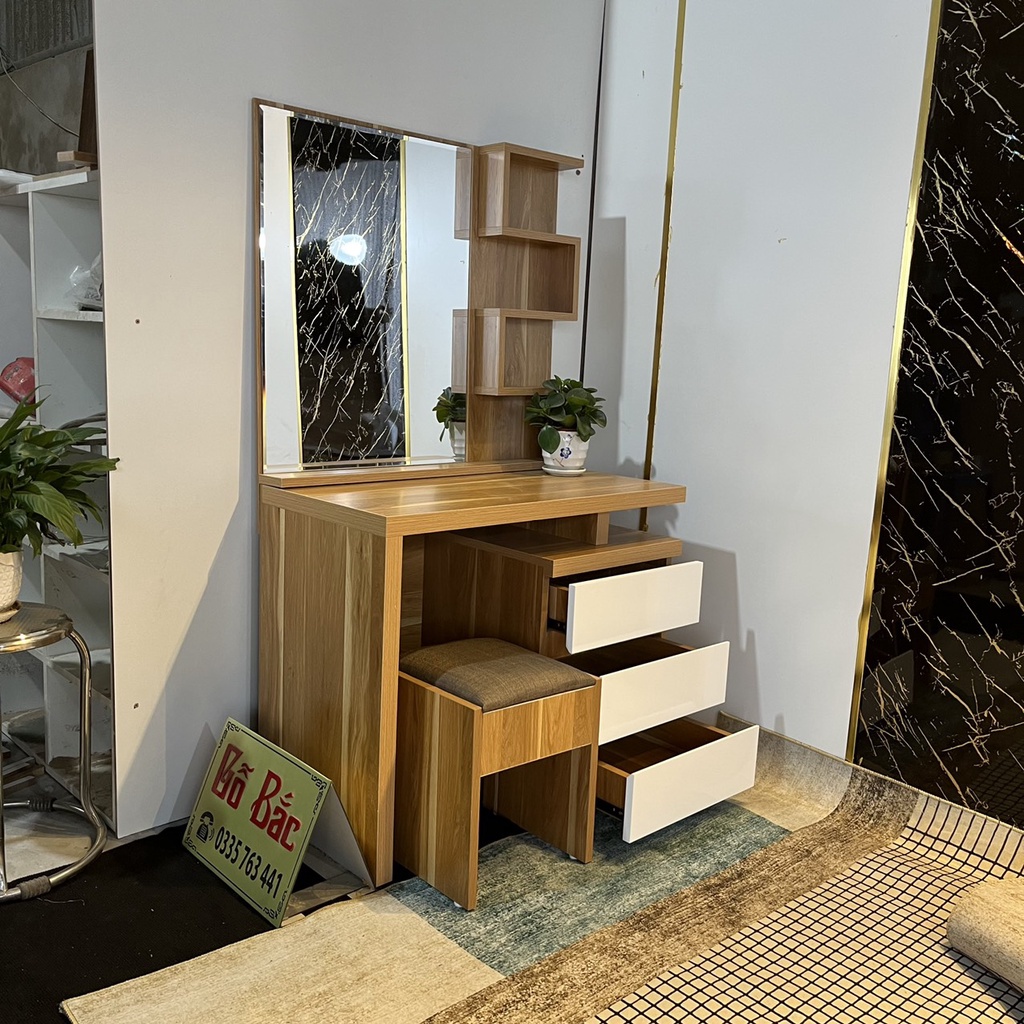 Bàn trang điểm kèm ghế kích thước rộng 80cm gỗ MDF phủ Melamine 3 ngăn kéo tặng kèm ghế