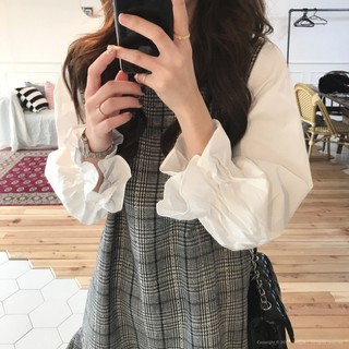 Đầm đuôi cá họa tiết caro phối tay áo sơ mi trắng chun tay