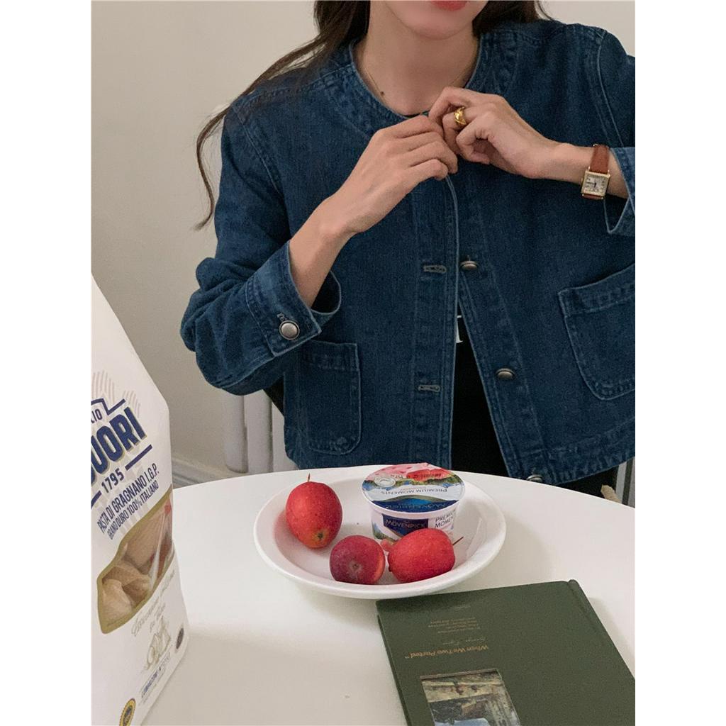 Áo Khoác Denim Tay Dài Cổ Tròn Phong Cách Retro Đơn Giản 60932