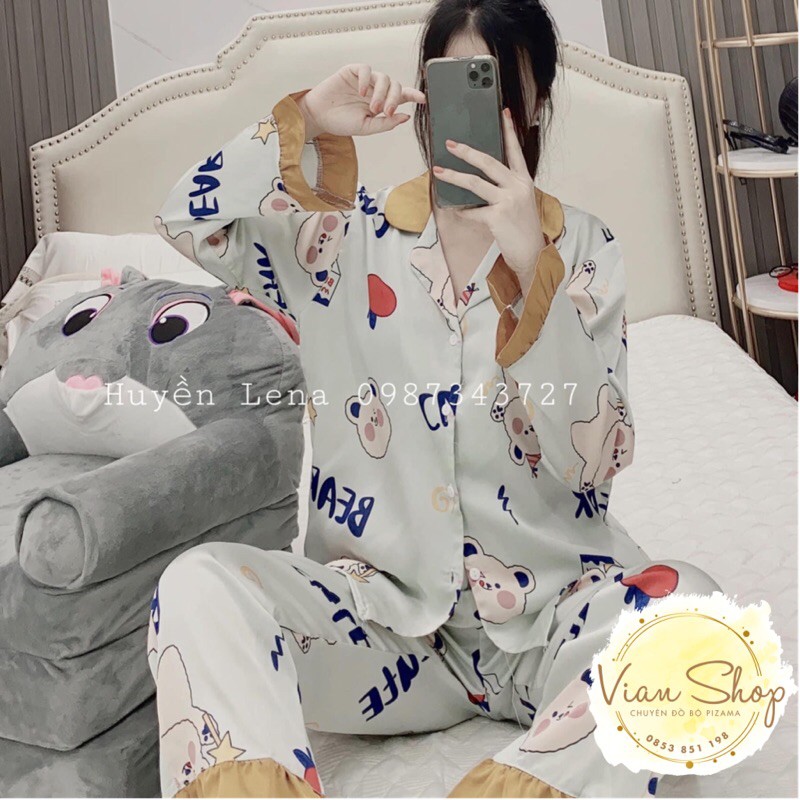 Đồ bộ pijama, bộ lụa satin dài tay viền bèo tiểu thư hoạ tiết gấu xinh