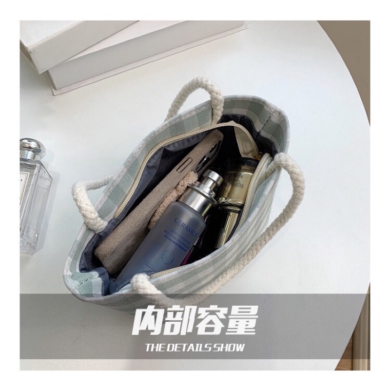 Túi vải canvas cầm tay hàng Quảng Châu kẻ caro nhỏ có khoá kéo tay cầm