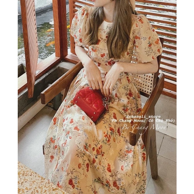 (Siêu Hót) Váy kem hoa đỏ xếp ly ngực  tay bồng tiểu thư điệu đà (kèm ảnh thật) | WebRaoVat - webraovat.net.vn