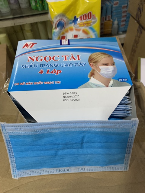 Hộp 50 cái khẩu trang y tế 4 lớp màu xanh Ngọc Tài