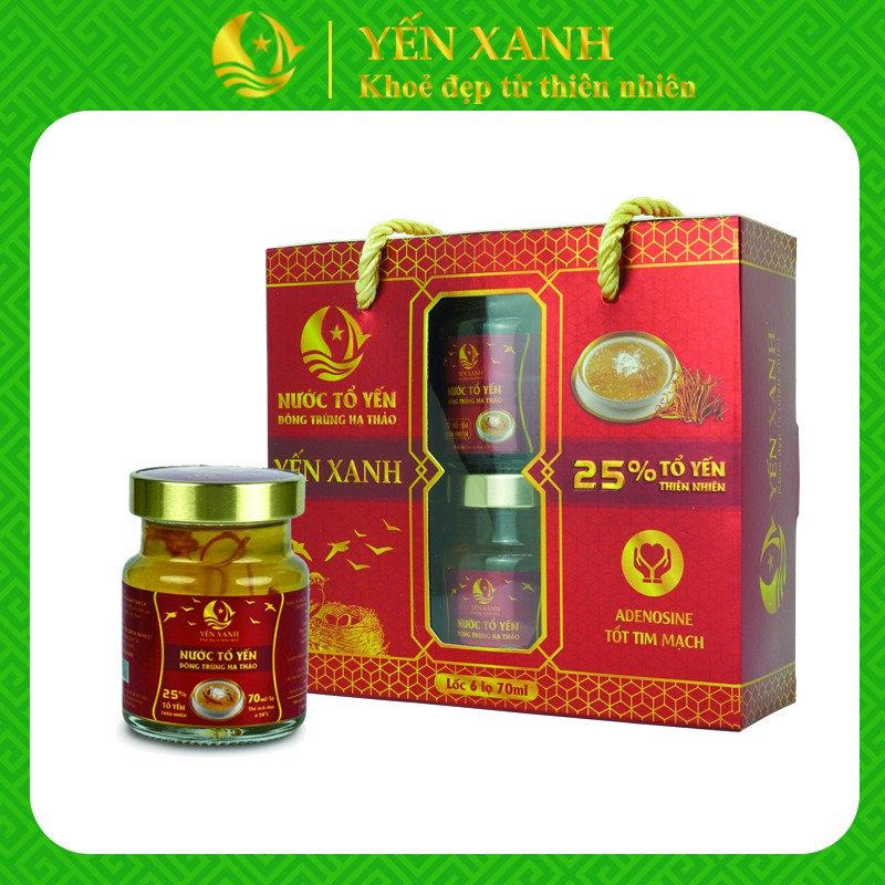 (25% tổ yến) Nước tổ yến sào cao cấp chưng đông trùng hạ thảo - YẾN XANH - Lốc 6 lọ x 70ml