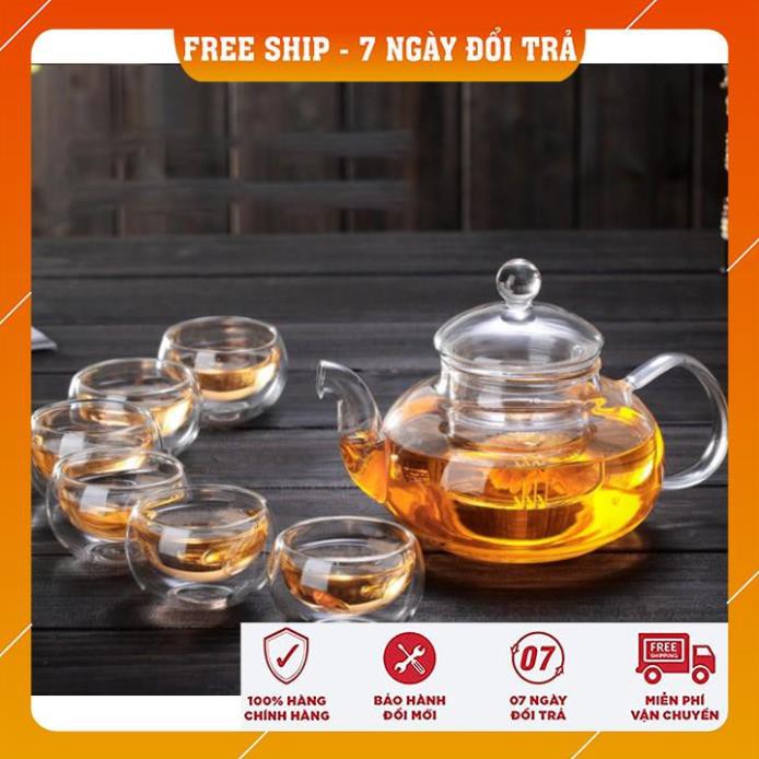 [FREESHIP] Bộ ấm trà thủy tinh 6 chén kèm đế nến châm trà chịu nhiệt dung tích 600ml sử dụng được cả đèn cồn và cốc nến