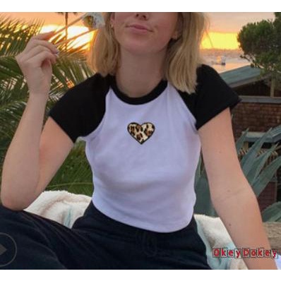 Áo Thun Croptop Tay Ngắn Cổ Tròn In Họa Tiết Da Báo Dễ Thương Dành Cho Nữ