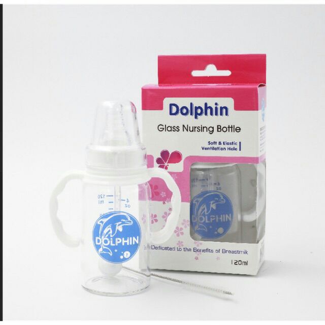 Bình sữa thuỷ tinh cao cấp có tay cầm Dolphin 120ml (tặng thêm 1 núm sillicon siêu mềm)