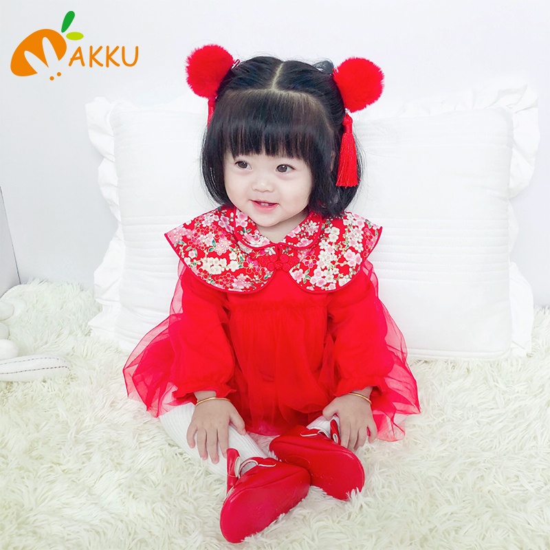 Đầm màu đỏ thích hợp làm quà tặng Giáng Sinh cho bé gái AKKU kèm phụ kiện tóc