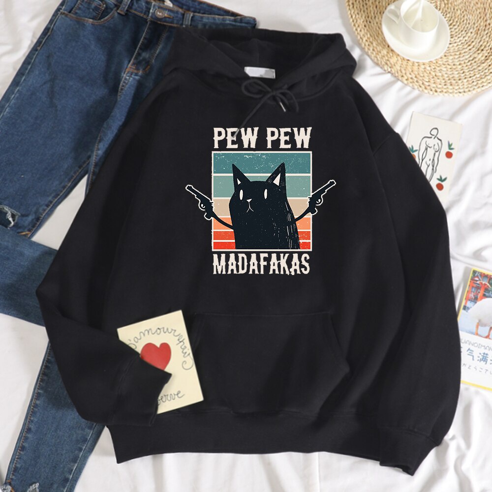 Áo Hoodie Cổ Tròn Dáng Rộng In Hình Mèo Đen Thời Trang Cho Nữ
