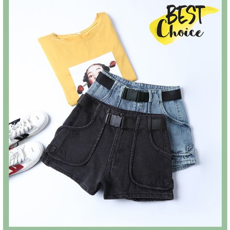 Quần Short Denim Chữ A Lưng Cao Phối Túi Phong Cách Hàn Quốc 3021