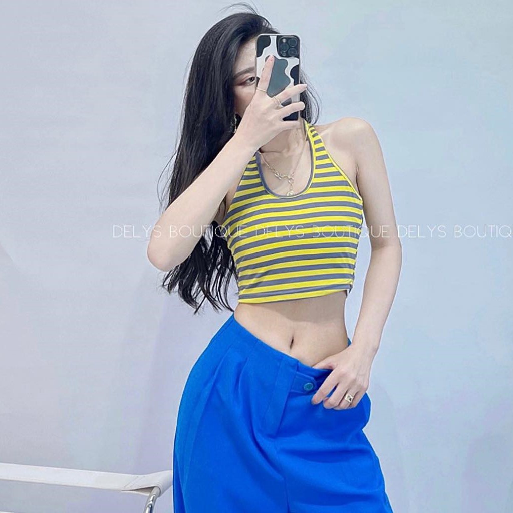 Áo yếm croptop kẻ ngang Delys áo croptop cổ yếm hở lưng