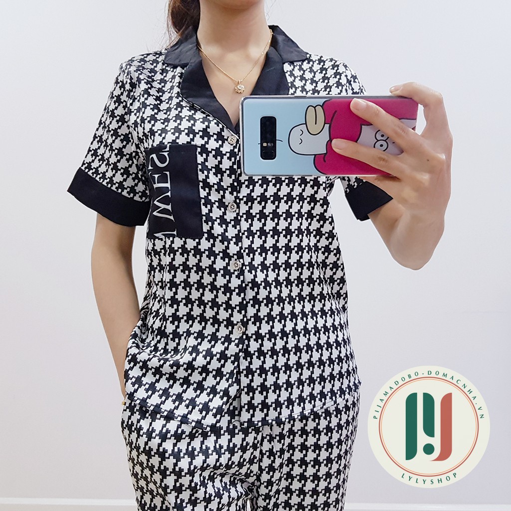 [HOÀN XU + MIỄN SHIP] Đồ bộ pijama, Đồ bộ nữ cao cấp mặc nhà họa tiết răng sói đáp túi lụa Latin mềm mịn, thoáng mát