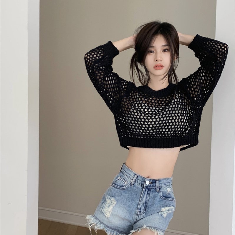 Áo croptop dài tay phối len đan cá tính A377