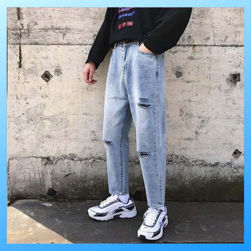 quần baggy jean nam rách gối ống rộng suông chất bò cao cấp vải đẹp 011