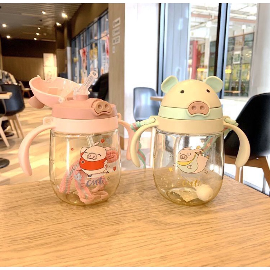 Bình tập uống nước cho bé có ống hút chống sặc an toàn, hình thú đáng yêu có dây đeo cho bé từ 1-5 tuổi