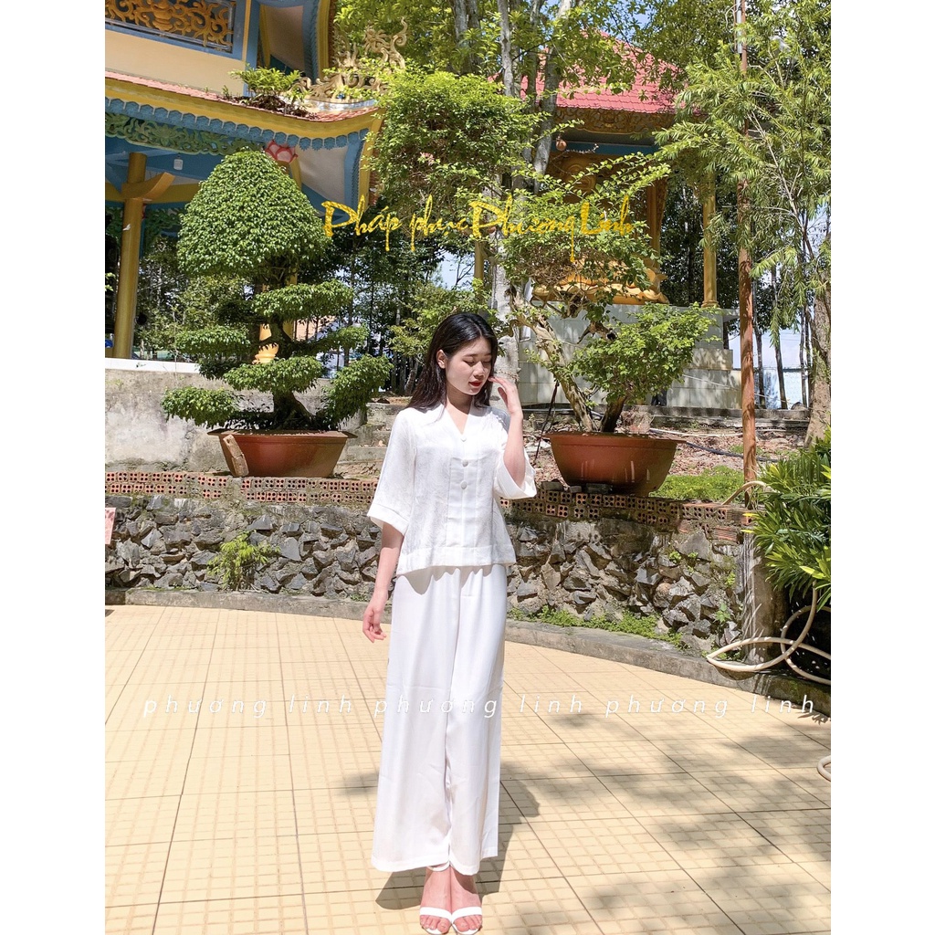 Bộ Pháp Phục Đi Chùa Cao Cấp Chất Liệu Lụa Vân Gỗ Trắng Tinh Khôi - Bộ Đồ Lam Đi Chùa Loại 1 Mã TC0019