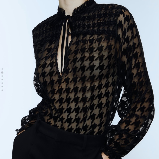 Xả thanh lý Áo Zara sz M hoạ tiết Houndstooth phủ lông mịn,