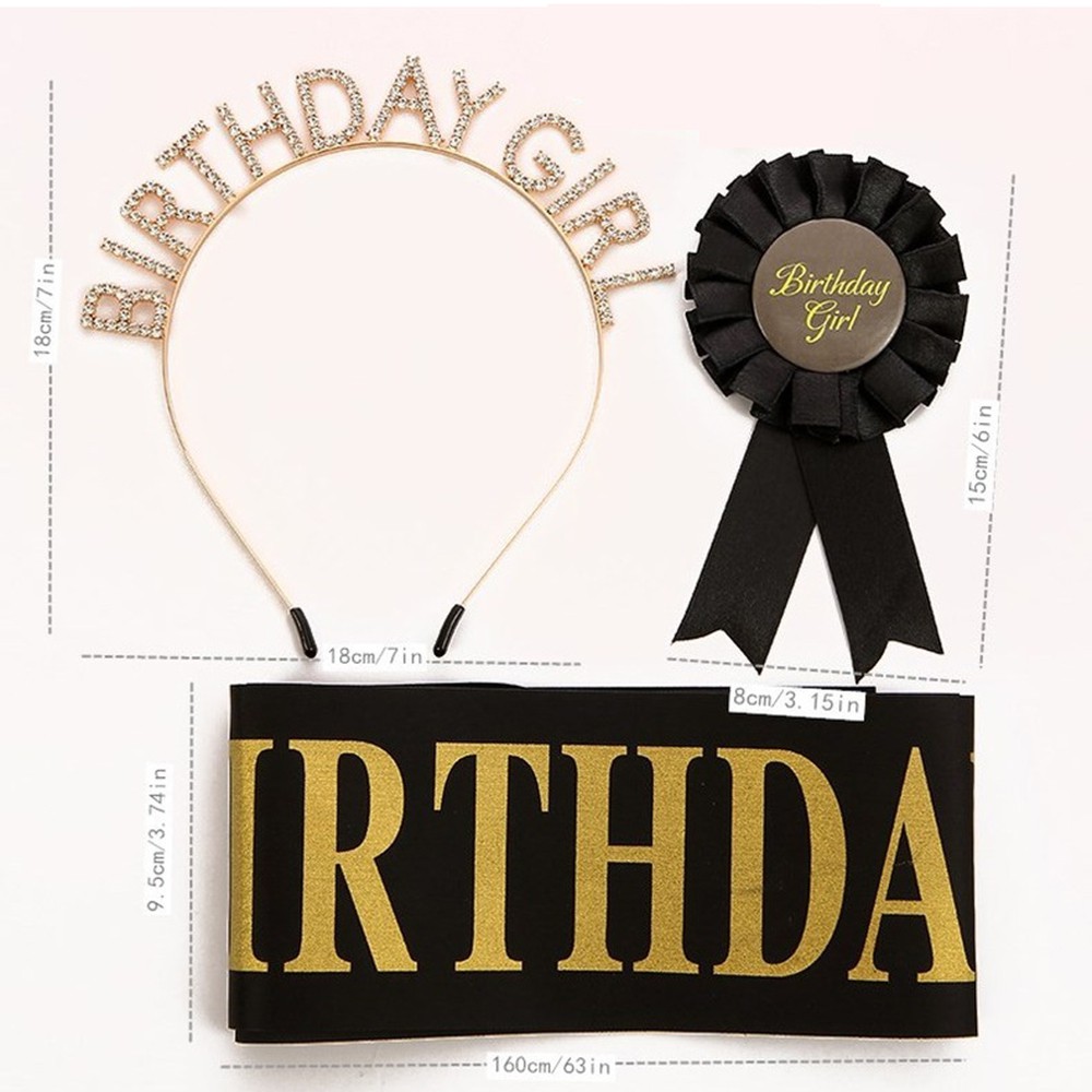 💍MELODG💍 Black Ribbon Hair Band Celebrate Happy Birthday Birthday Girl with Crown Luminescent Sash Corsage Queen|Birthday Girl Birthday headdress