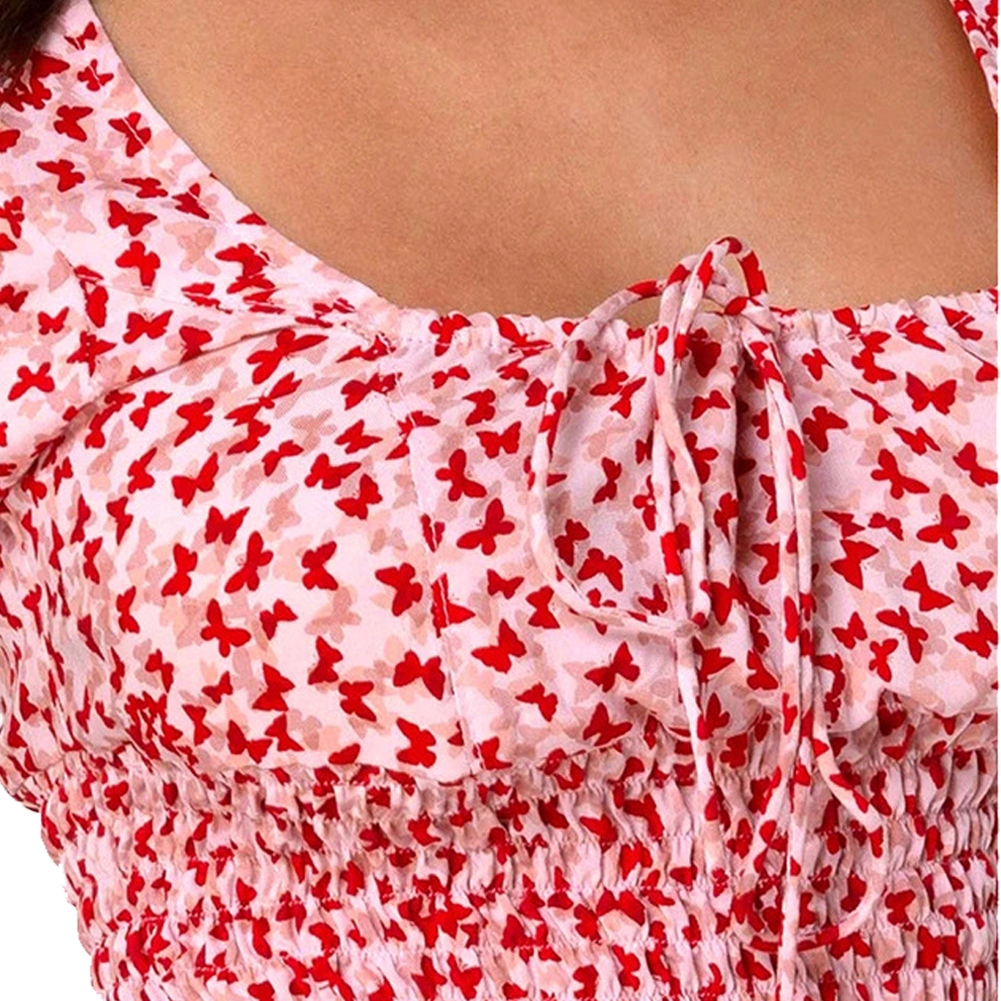 Áo croptop tay phồng dáng ôm họa tiết bướm cho nữ