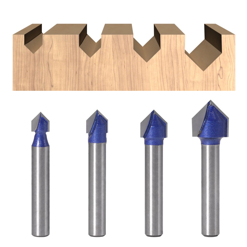 Combo 4 mũi soi gỗ, Mũi phay gỗ phay rãnh V 90 độ, cốt 6.35mm
