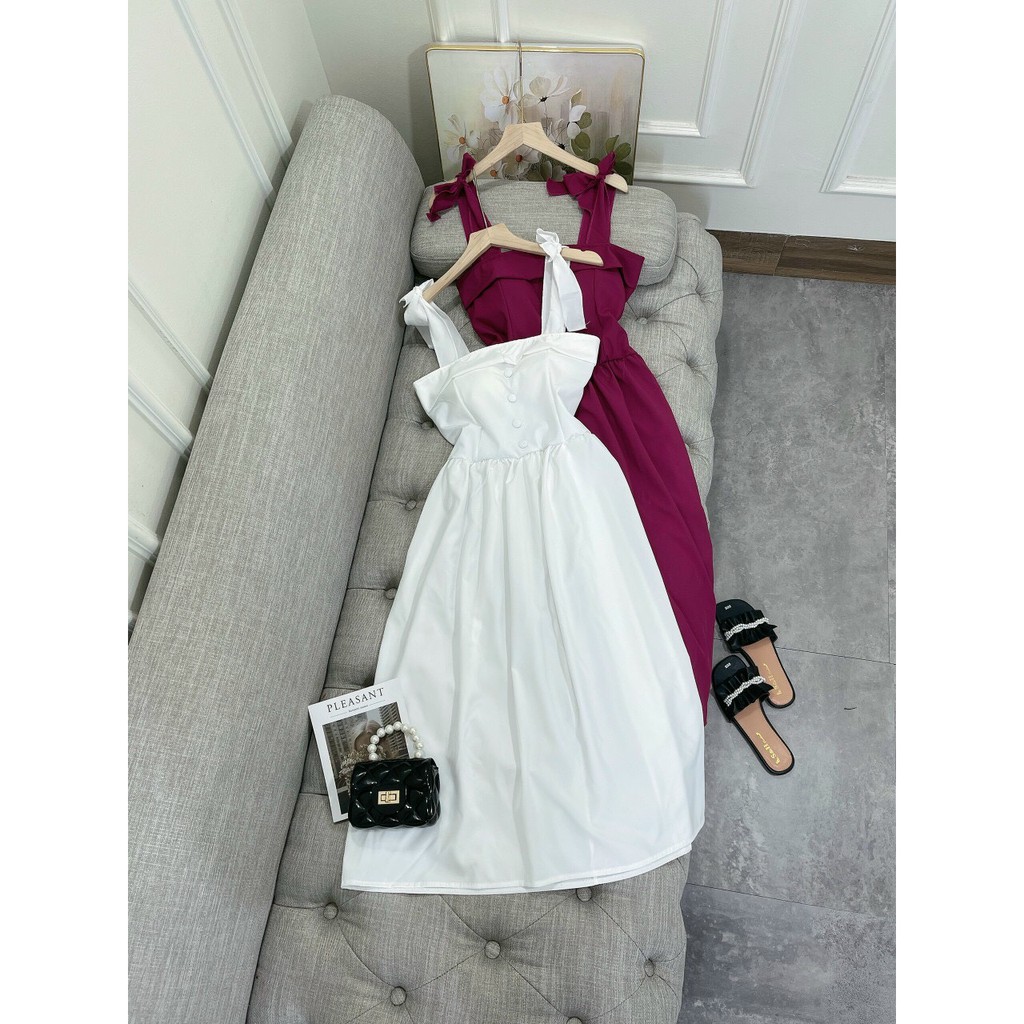 Đầm Nữ, Đầm 2 Dây, Dáng dài, Có Cup Ngực, Phối Cúc Bọc , 2 Màu Trắng - Đỏ, V1001 | BigBuy360 - bigbuy360.vn