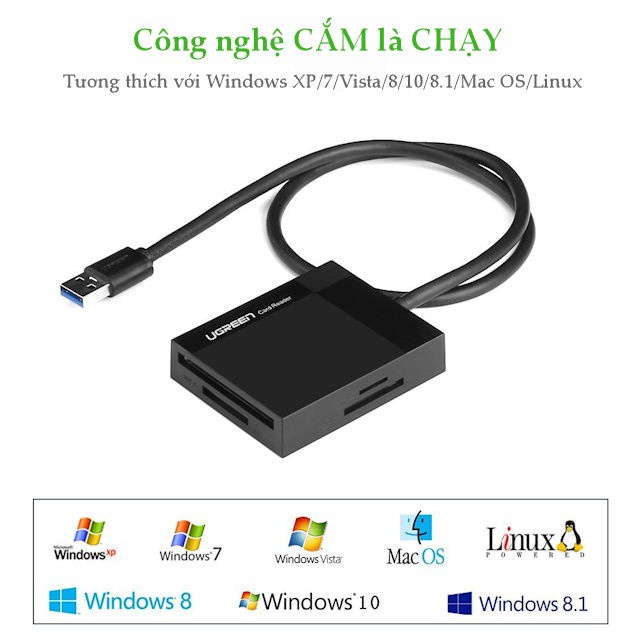 Đầu đọc thẻ USB 3.0 Dây Dài 1m Ugreen 30231 hỗ trợ thẻ TF/SD/CF/MS - Hàng chính hãng
