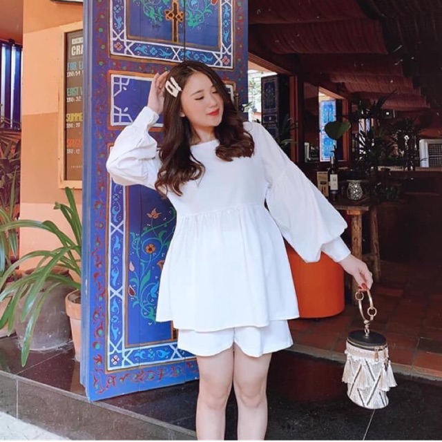 Set baby doll trắng mix quần short