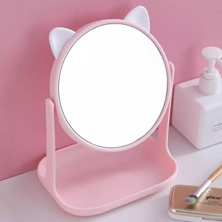 Gương công chúa tai mèo, tai thỏ để bàn xoay 360 độ, kèm khay vuông đựng vật dụng siêu tiện - màu ngẫu nhiên